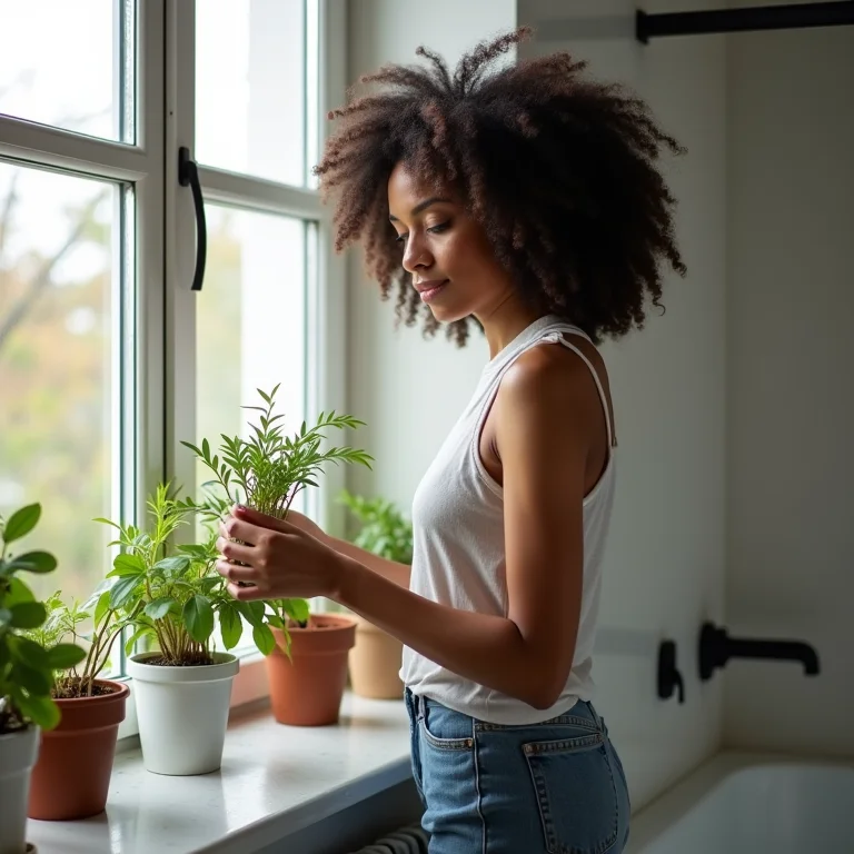 Mulher cuidando de planta em banheiro escandinavo com luz natural