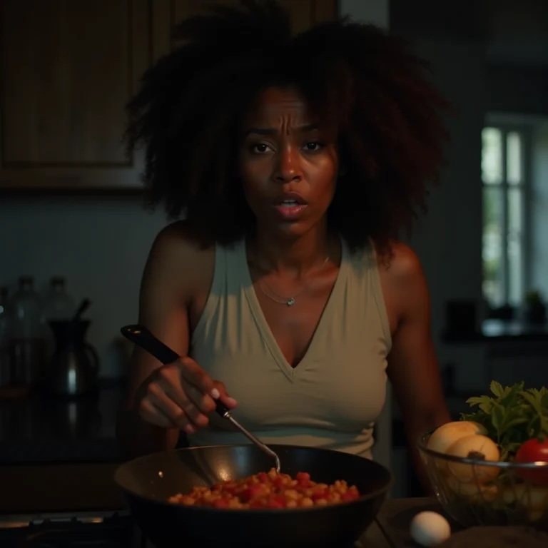 Mulher de cabelo cacheado visivelmente estressada em cozinha escura e mal ventilada.