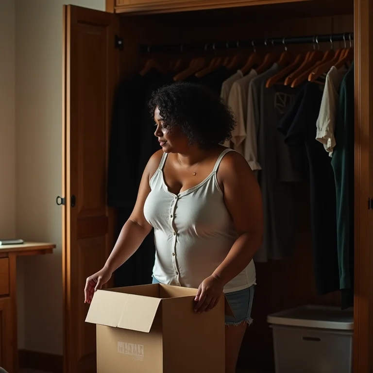 Mulher desapegando de roupas no armário