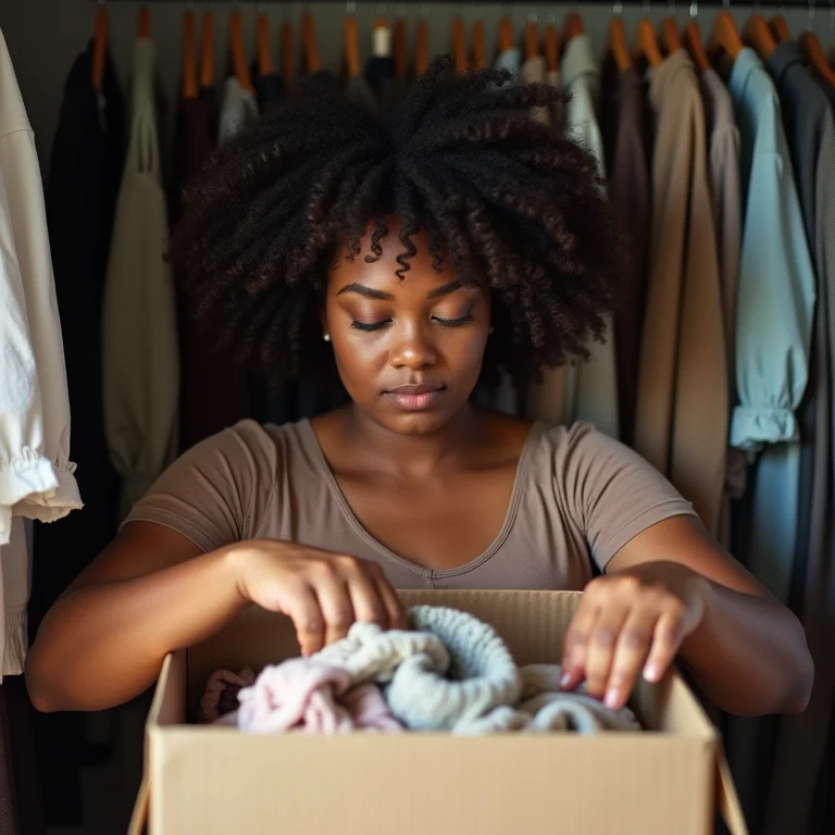 Mulher destralhando o armário e separando roupas para doação