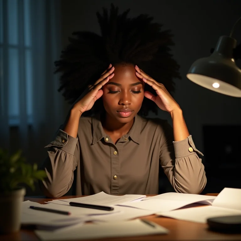 Mulher diversa esfregando os olhos cansados em um ambiente de trabalho mal iluminado.