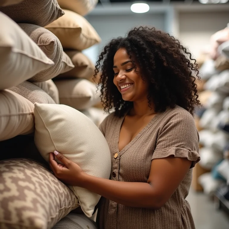 Mulher escolhendo almofadas e mantas baratas em loja