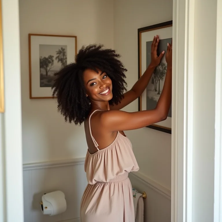 Mulher escolhendo o quadro ideal para o banheiro, refletindo seu estilo pessoal.