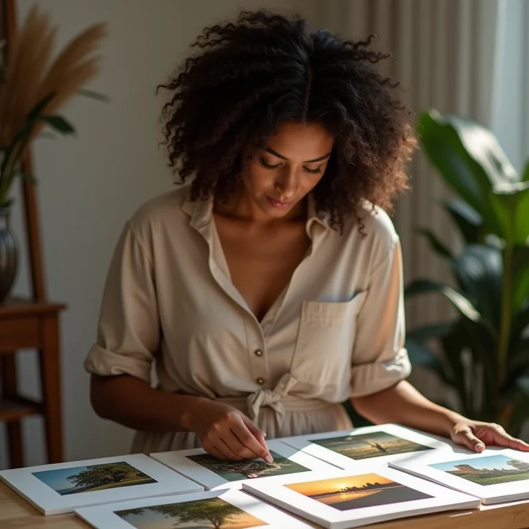 Mulher escolhendo obras de arte para sua parede de galeria
