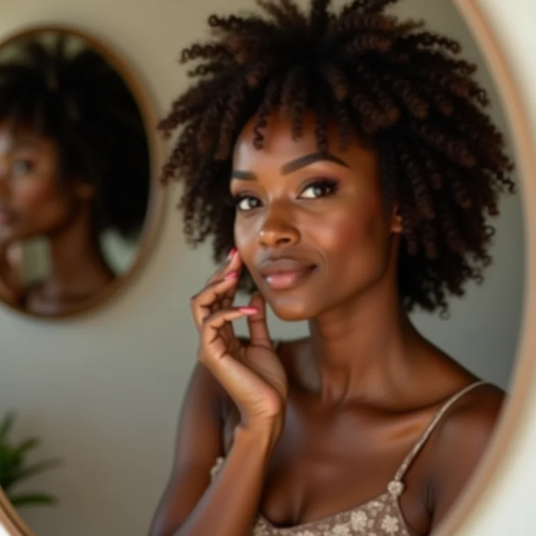Mulher estilosa se maquiando em frente a um espelho redondo