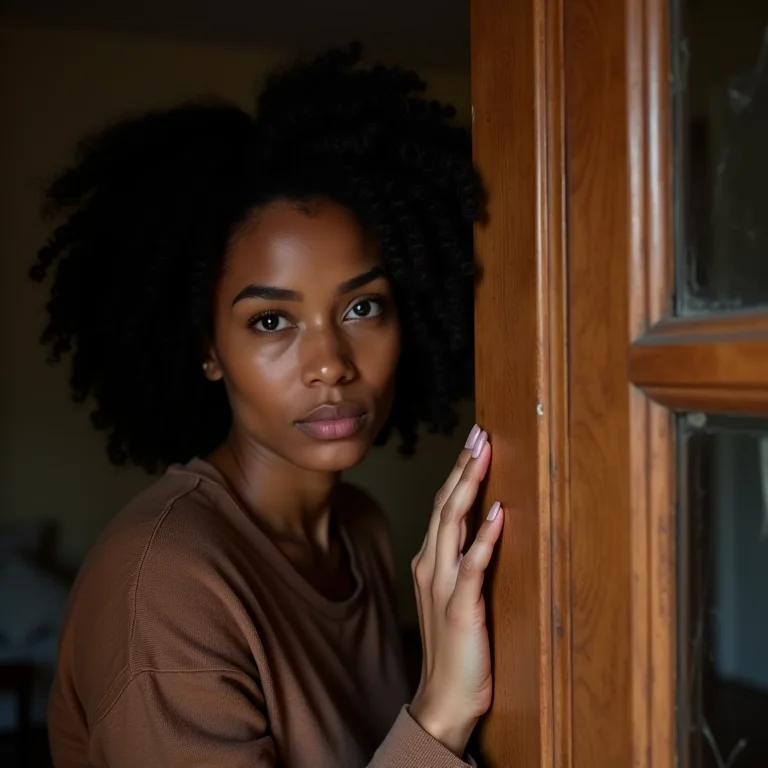 Mulher examinando detalhe arquitetônico antigo em casa para preservar