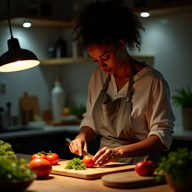 Mulher focada em preparar comida em área de trabalho iluminada