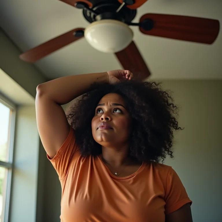 Mulher frustrada olhando para ventilador de teto bambo