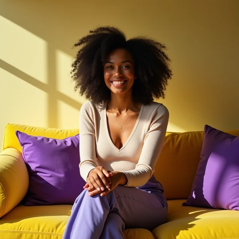 Mulher harmonizando sala de estar com cores complementares