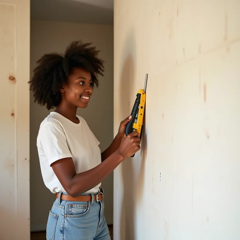 Mulher instalando painéis de drywall usando ferramentas