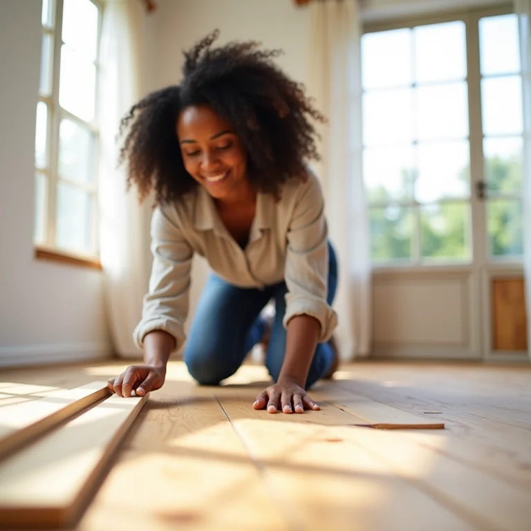 Mulher instalando piso de madeira maciça