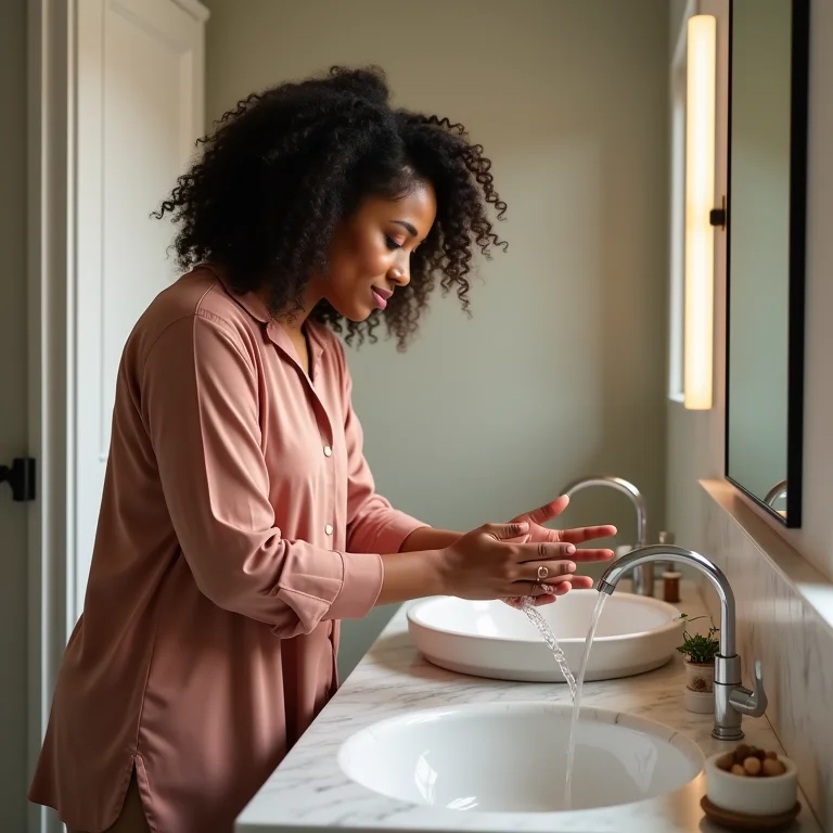 Mulher lavando as mãos em cuba de sobrepor redonda