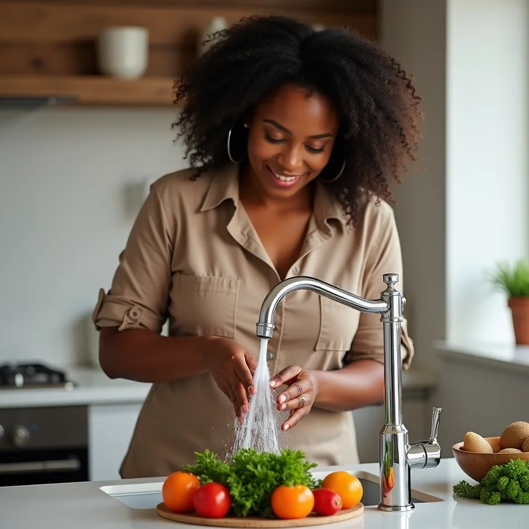 Mulher lavando vegetais com torneira gourmet