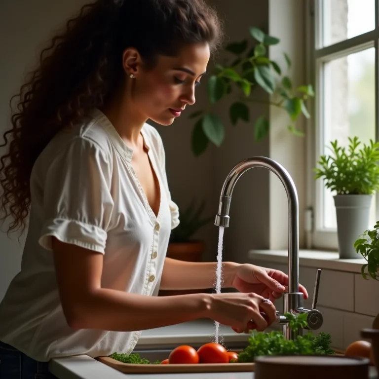 Mulher lavando vegetais com torneira gourmet