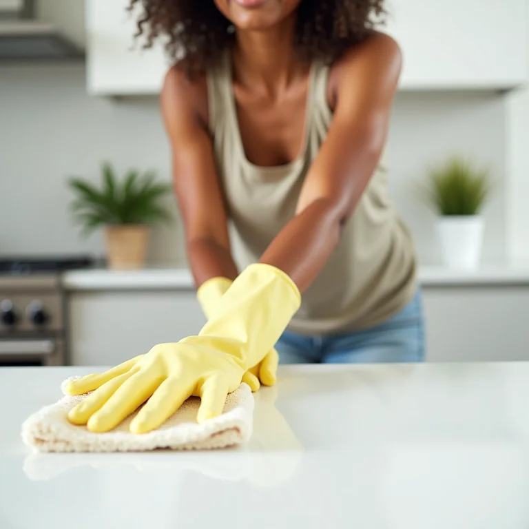 Mulher limpando bancada de cozinha branca