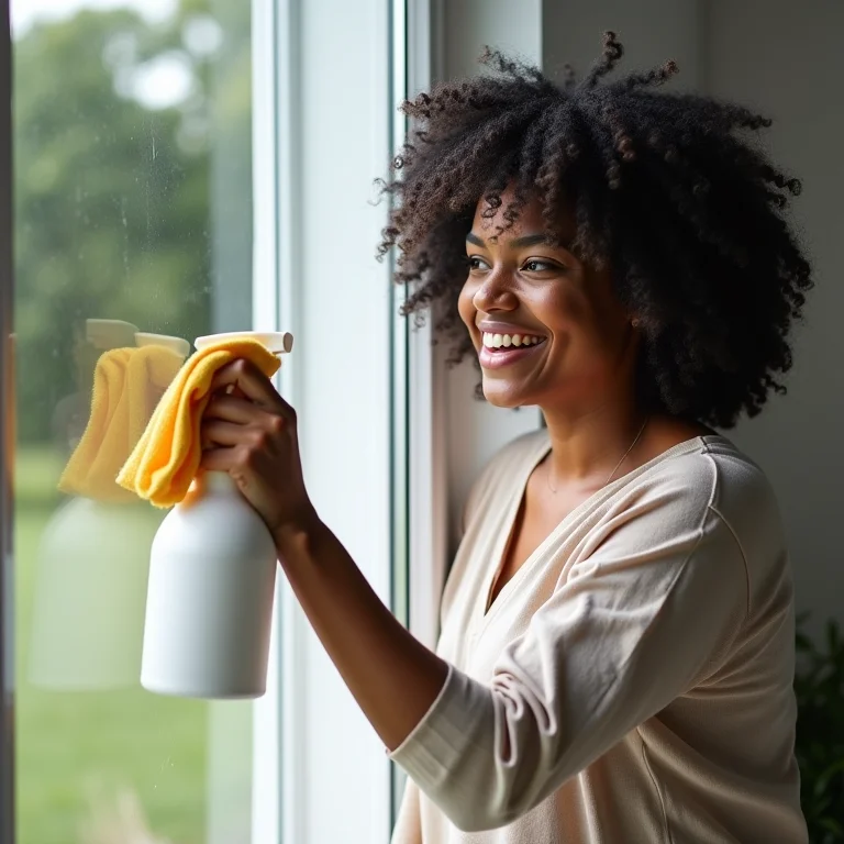 Mulher limpando janela de vidro temperado com um pano de microfibra.