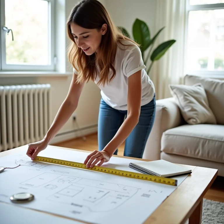 Mulher medindo mesa de centro com fita métrica