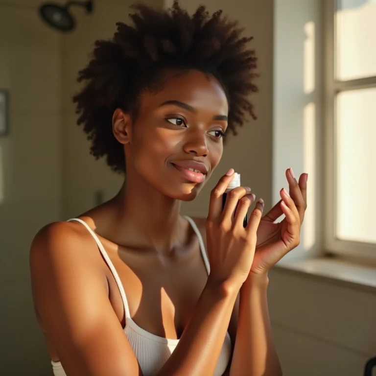 Mulher negra aplicando loção em um banheiro bem iluminado.