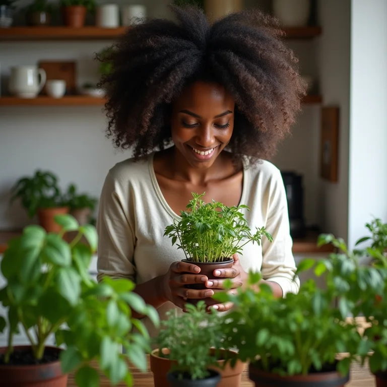 Mulher negra cuidando de um jardim de ervas em sua cozinha.