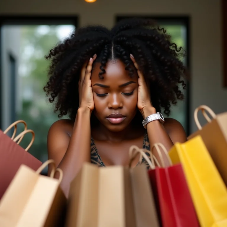 Mulher negra de cabelos cacheados, tamanho médio, aparentando estar estressada em meio a sacolas de compras e objetos.
