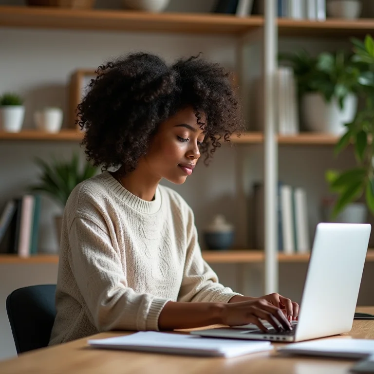 Mulher negra organizando prateleira no home office