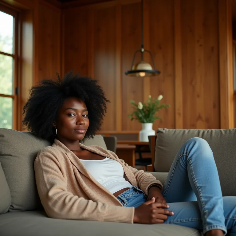 Mulher negra relaxando em sala de estar e jantar com paredes revestidas de madeira.