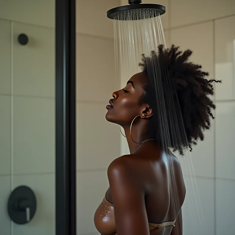 Mulher negra relaxando em um banheiro com box preto