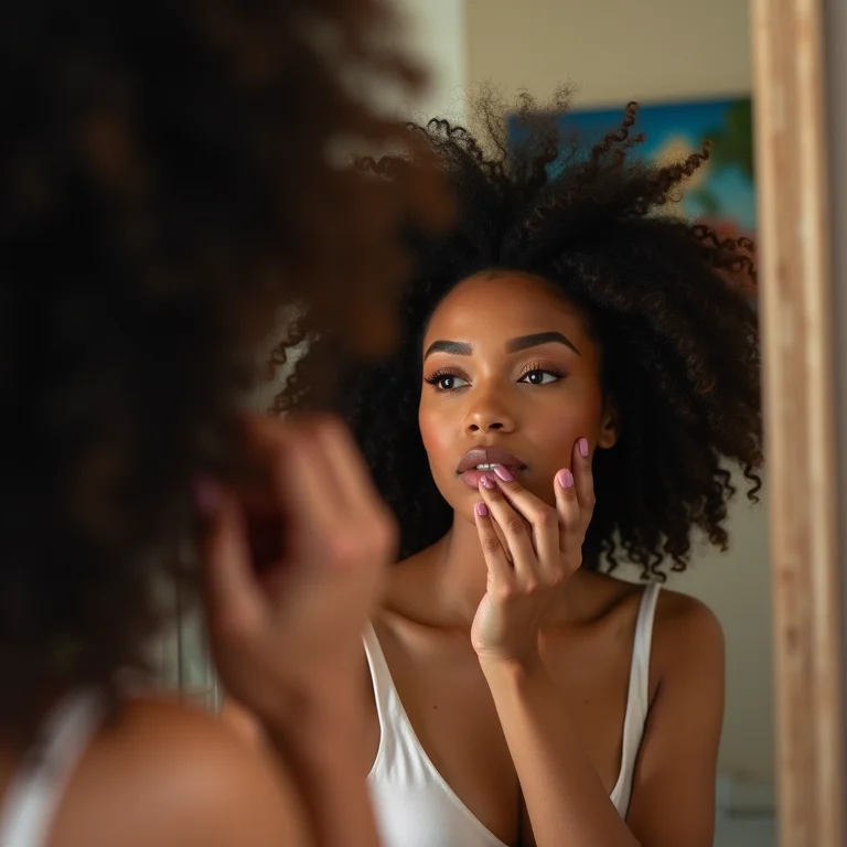 Mulher negra se maquiando em banheiro com pintura setorizada