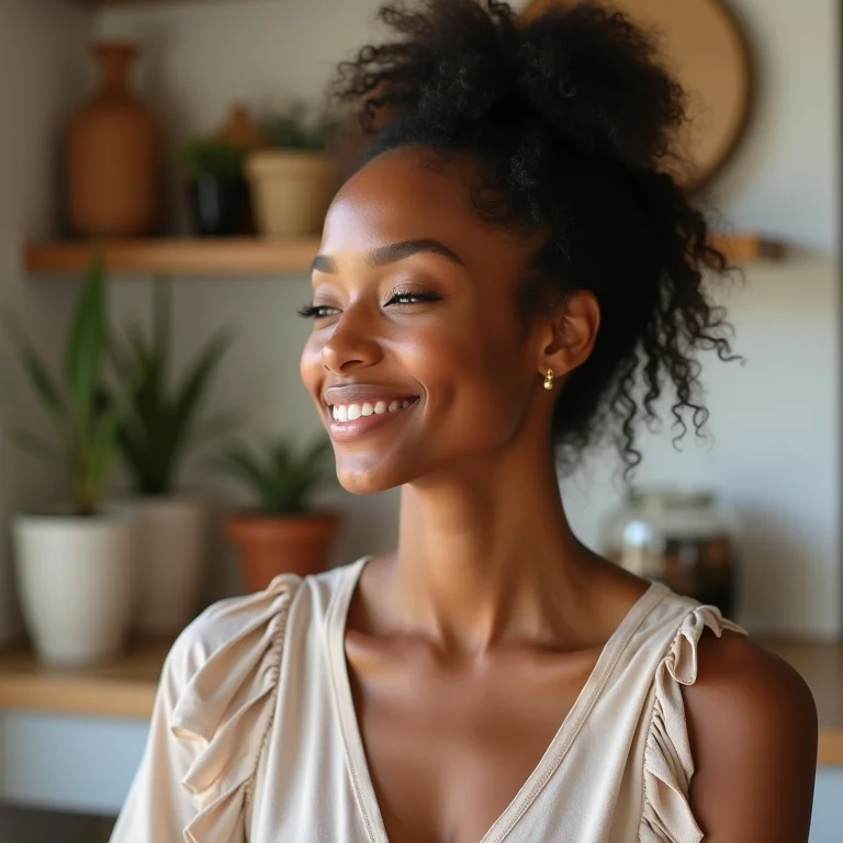 Mulher negra sorrindo em ambiente com cores neutras