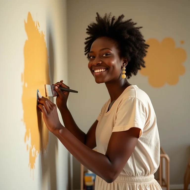 Mulher negra sorrindo enquanto aplica tinta orgânica em um quarto de bebê.