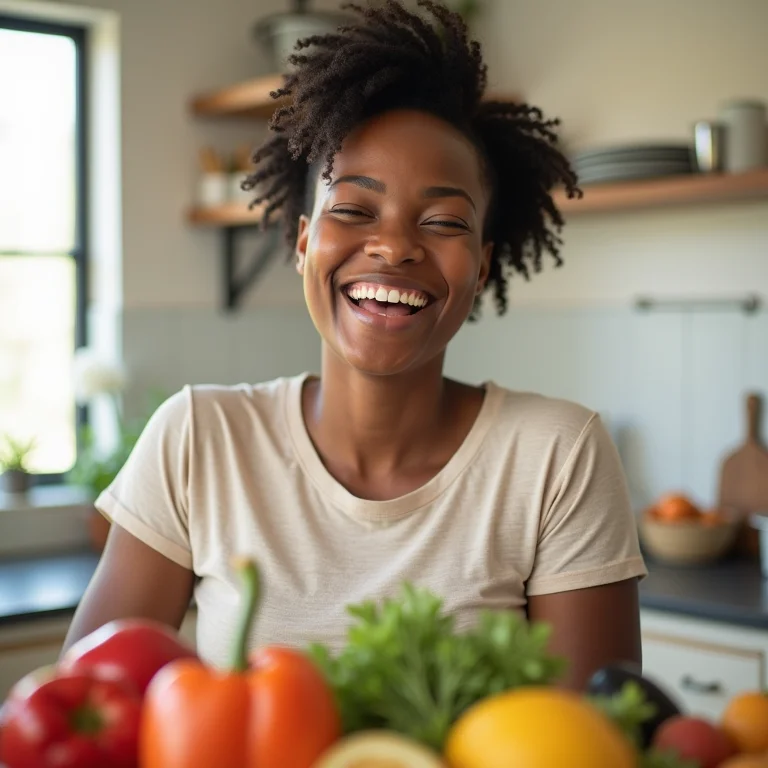 Mulher negra sorrindo enquanto cozinha em cozinha bem iluminada.