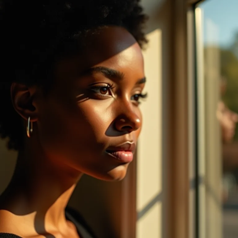 Mulher observando a luz natural e a adaptação dos olhos à luminosidade.
