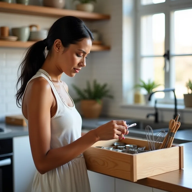 Mulher organizando gavetas da cozinha com utensílios.