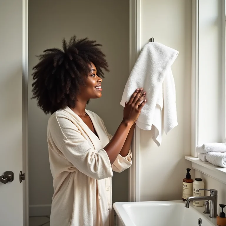Mulher pegando toalha em banheiro organizado
