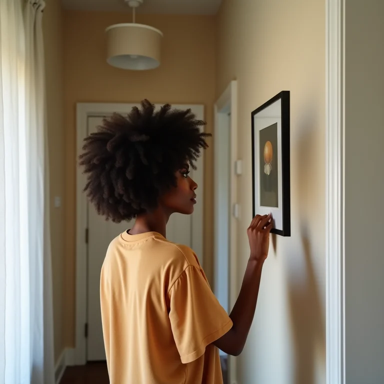 Mulher pendurando quadro em corredor.