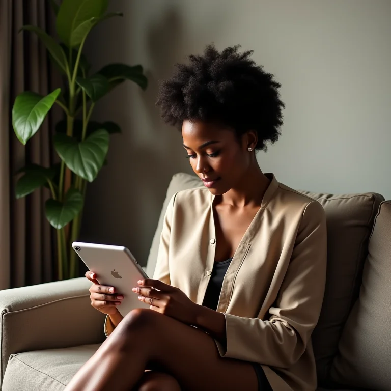 Mulher pesquisando cimento queimado online no tablet