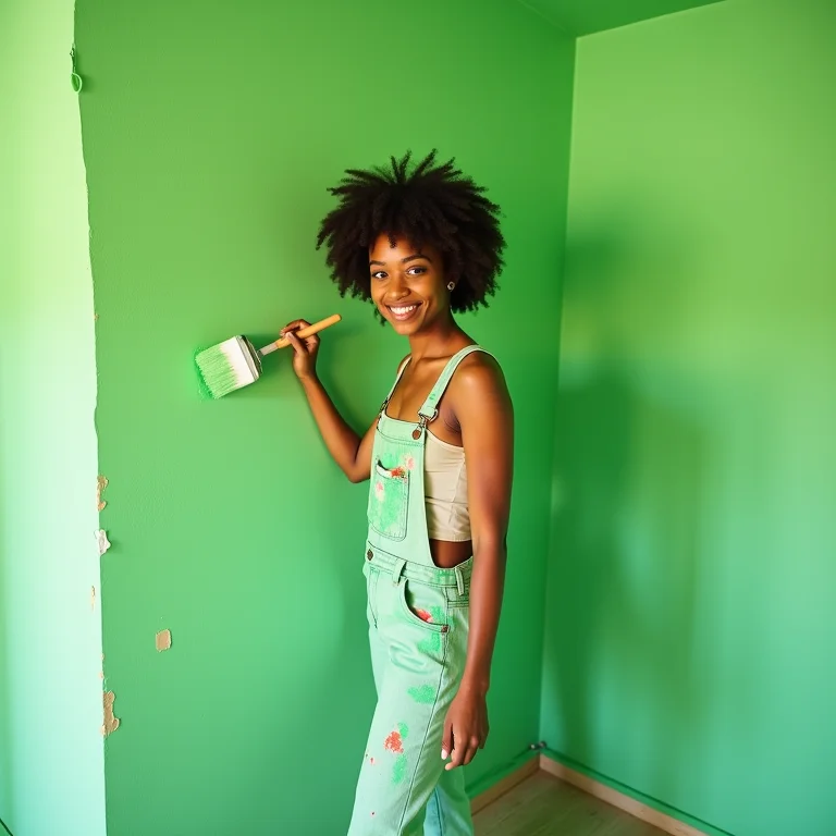 Mulher pintando parede de verde.