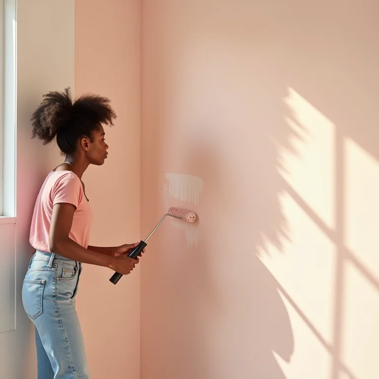 Mulher pintando parede do quarto com tinta colorida