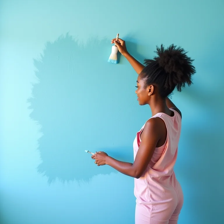 Mulher pintando uma parede de azul claro, aplicando as cores do Feng Shui