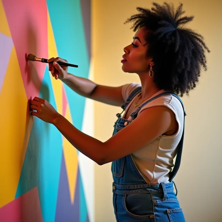 Mulher pintando uma parede geométrica com paciência.