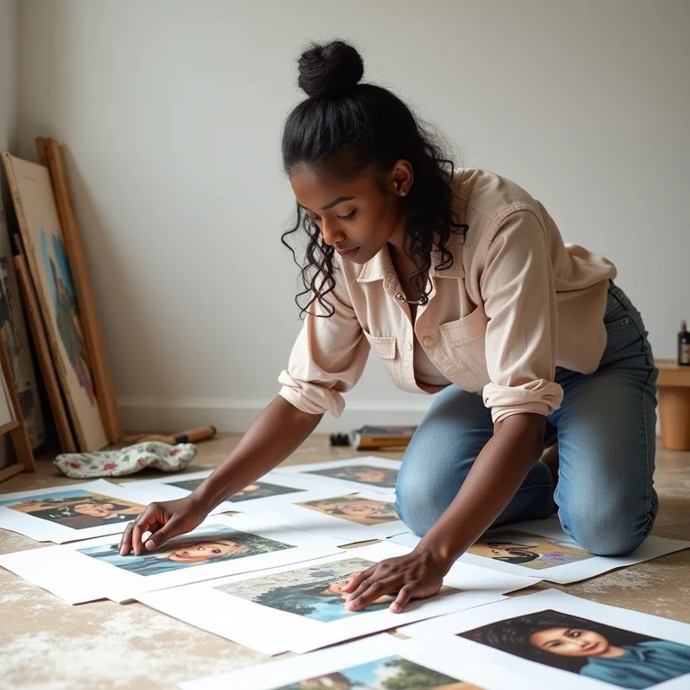 Mulher planejando a disposição de quadros para parede de galeria.