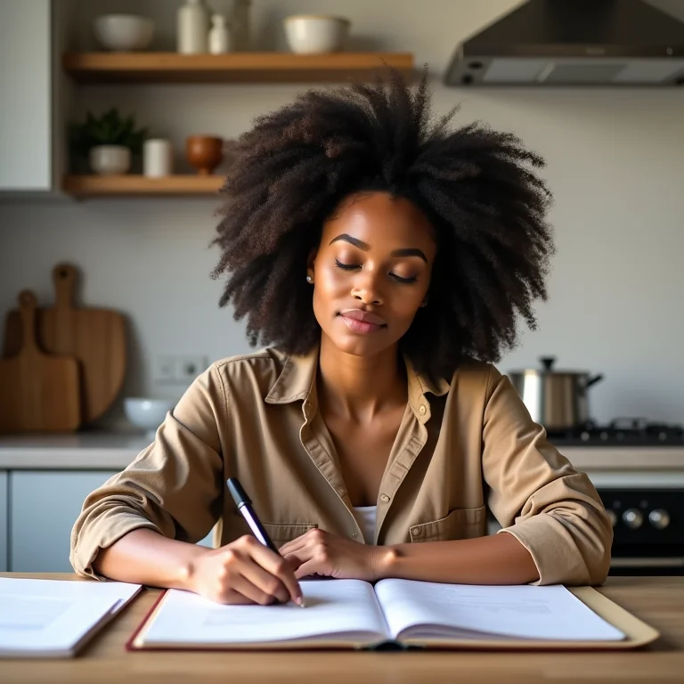 Mulher planejando o design de sua cozinha, definindo suas prioridades.