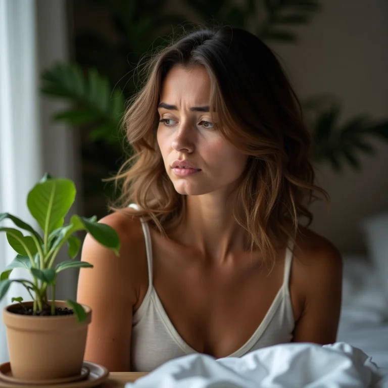 Mulher preocupada olhando para uma planta murcha.