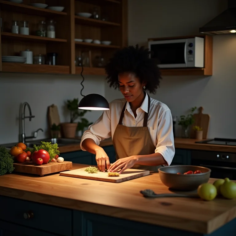 Mulher preparando alimentos sob iluminação direcionada