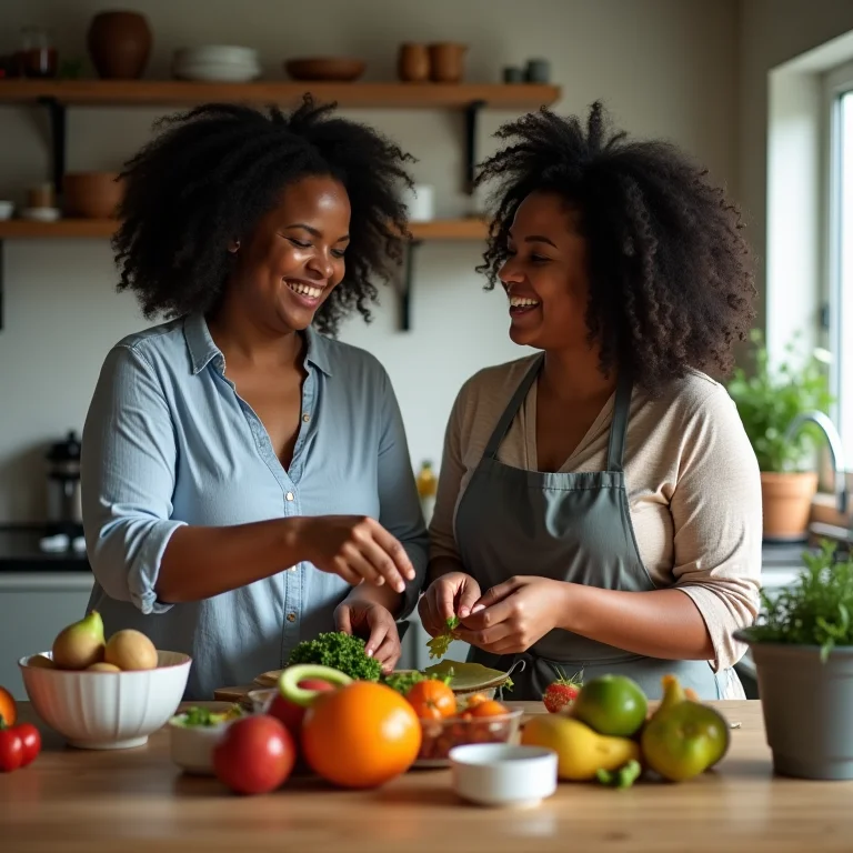 Mulher preparando comida na ilha da cozinha com amiga.