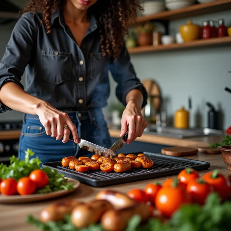 Mulher preparando legumes na churrasqueira da cozinha gourmet.