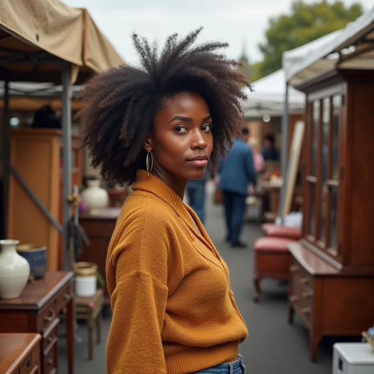 Mulher procurando móveis baratos em um mercado de pulgas