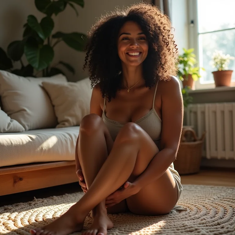 Mulher relaxada em um tapete de crochê aconchegante