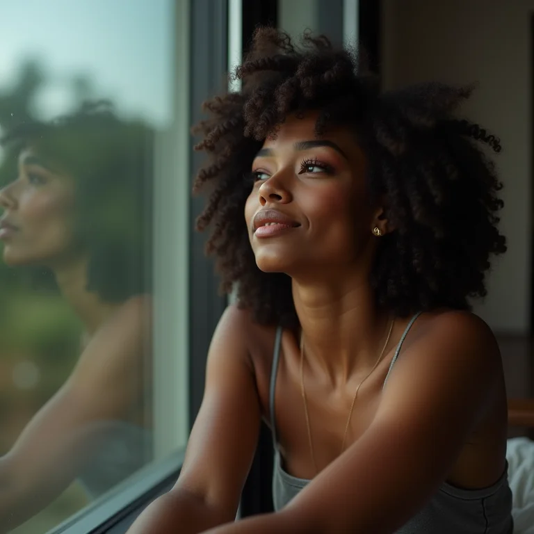 Mulher relaxada perto de janela com vidro refletivo.