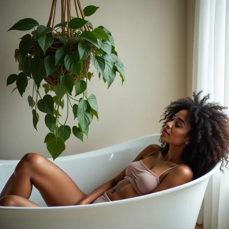 Mulher relaxando com planta suspensa no banheiro